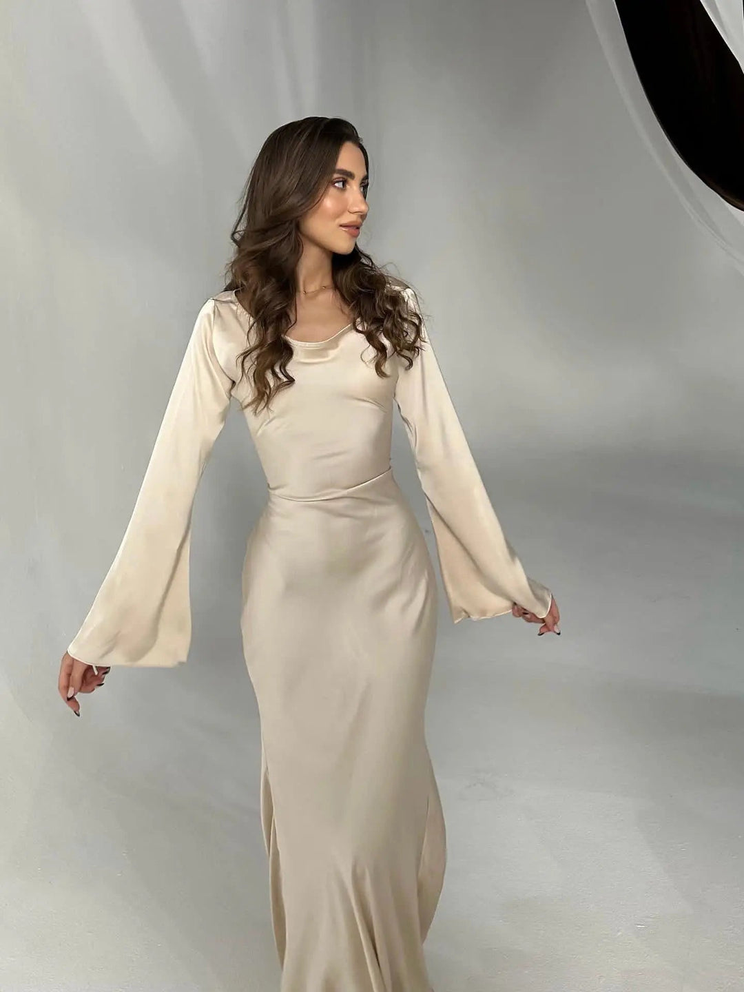 Pharia | Women's Long Sleeve Satin Cowl Neck Maxi Dress