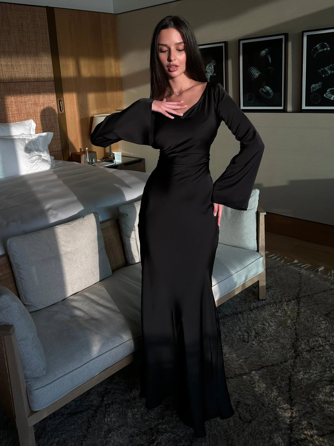 Pharia | Women's Long Sleeve Satin Cowl Neck Maxi Dress