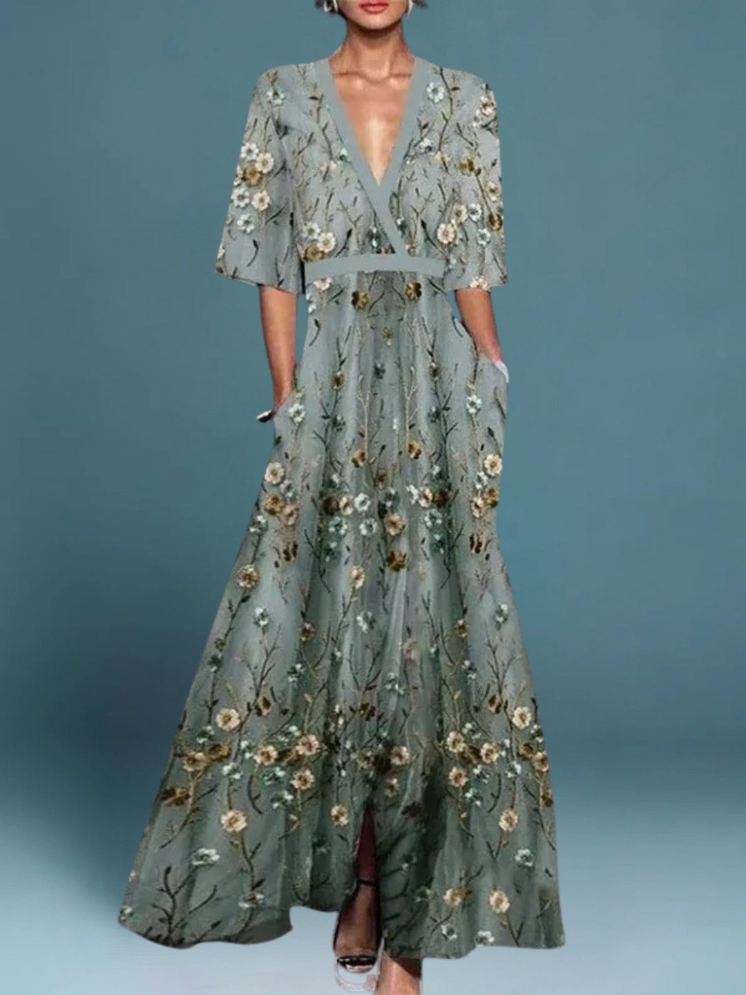 Lauren™ | Elegant Floral V-Neck Belted Boho Dress