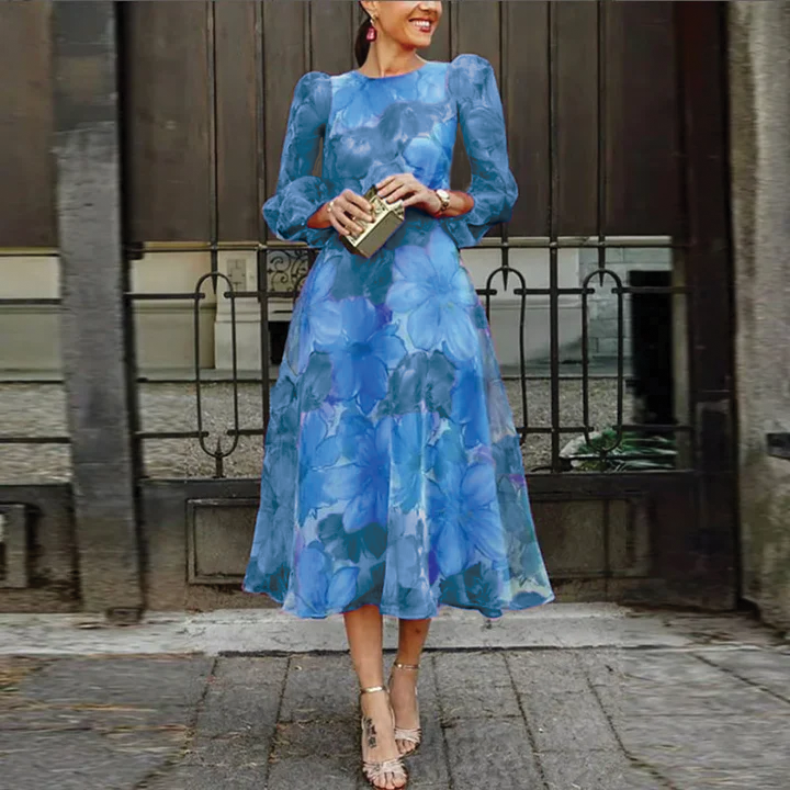 Isla | Women's Floral Midi Dress with Sheer Long Sleeves