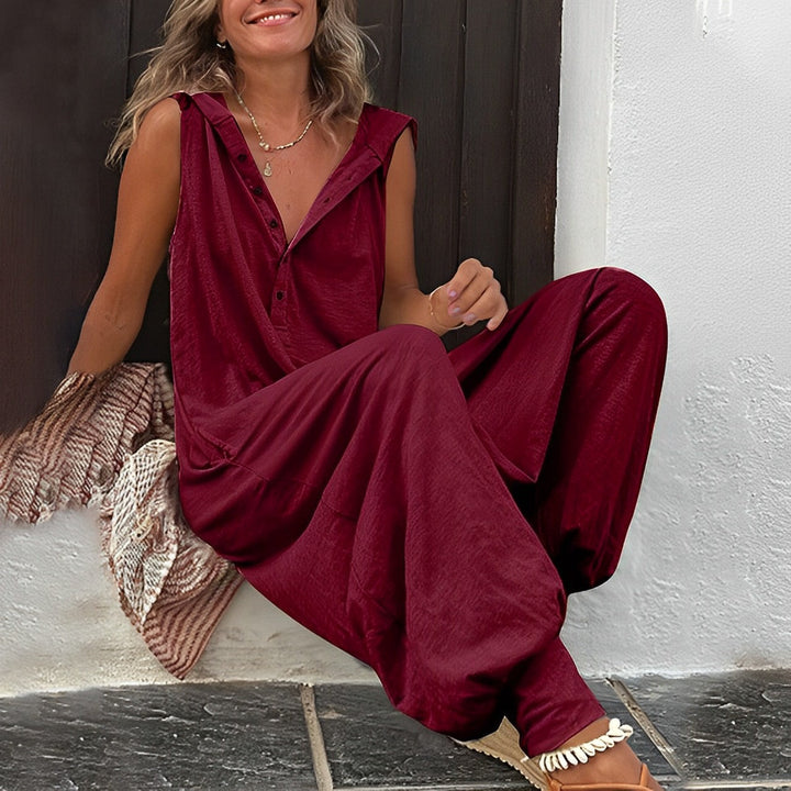 Cleo | Women's Sleeveless Wide-Leg Jumpsuit with Button Front & Pockets
