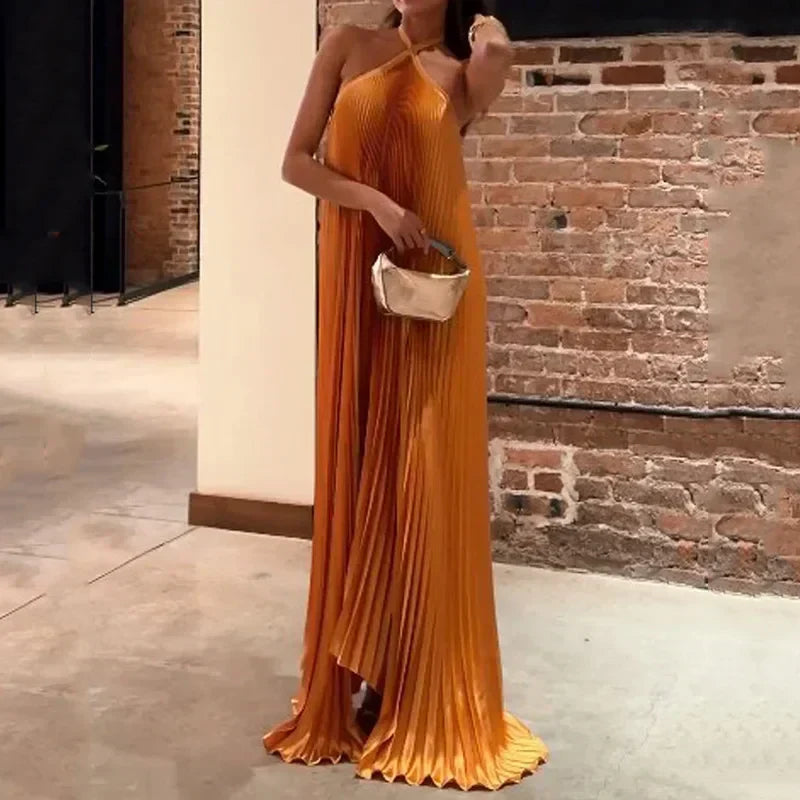 Mira™ | Chic Pleated Halter Neck Maxi Dress