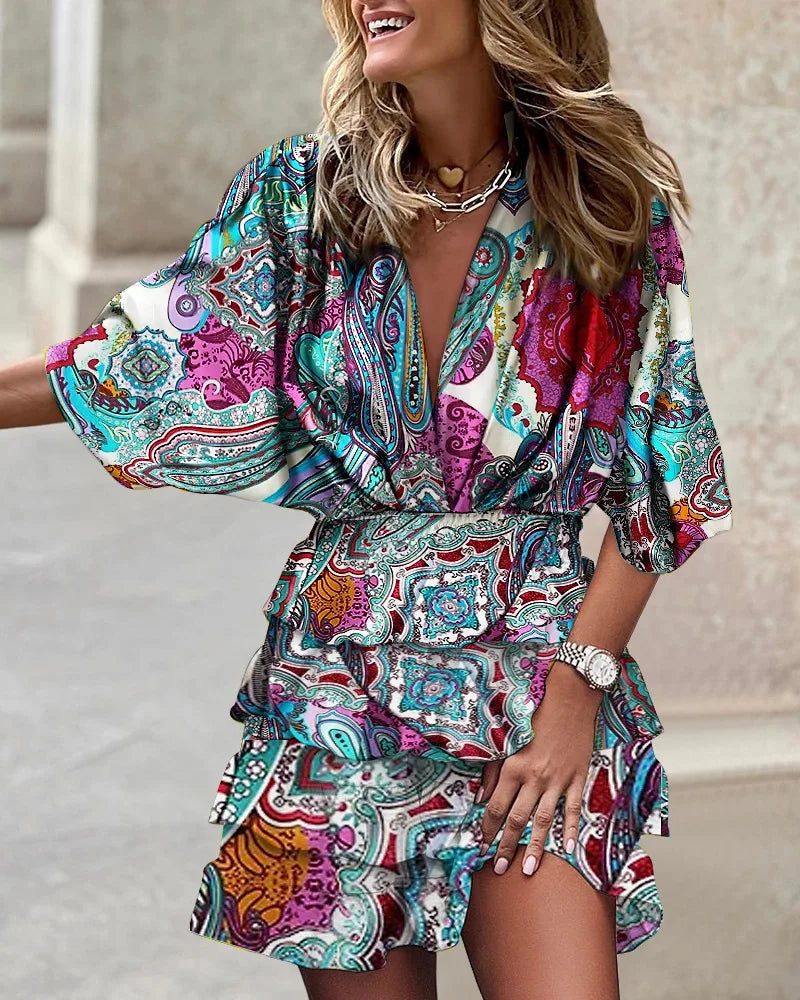Zara | Women's Printed Mini Dress with Batwing Sleeves & Ruffle Skirt
