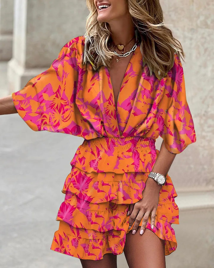 Zara | Women's Printed Mini Dress with Batwing Sleeves & Ruffle Skirt