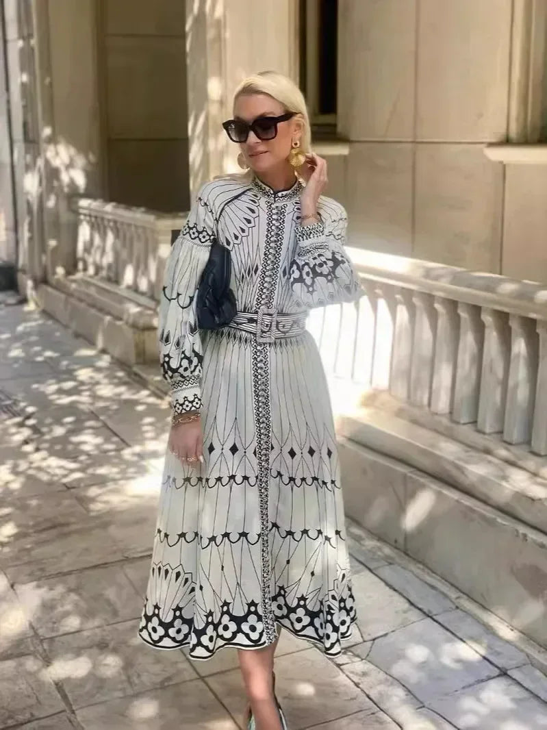 Mirabel™ | Elegant Retro Pattern Print A-Line Dress