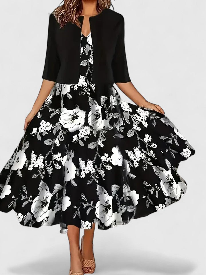 Belle | Women's Floral Midi Dress with Cropped Jacket Two-Piece Set