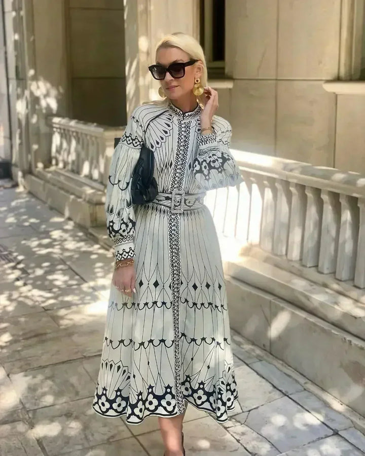 Mirabel™ | Elegant Retro Pattern Print A-Line Dress