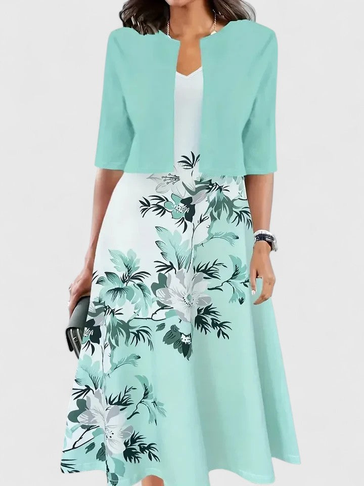 Belle | Women's Floral Midi Dress with Cropped Jacket Two-Piece Set
