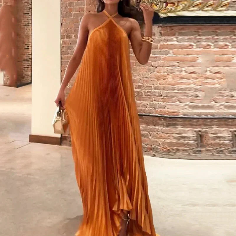 Mira™ | Chic Pleated Halter Neck Maxi Dress