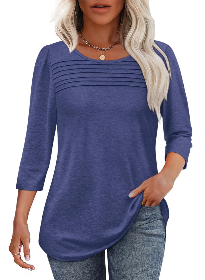 Tessa | Women's 3/4 Sleeve Pleated Top Scoop Neck Casual Everyday Top