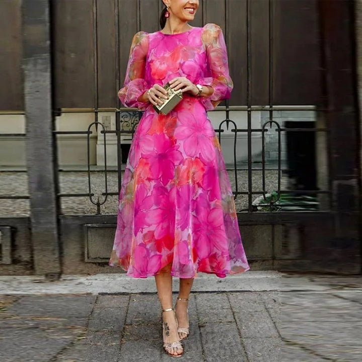 Isla | Women's Floral Midi Dress with Sheer Long Sleeves