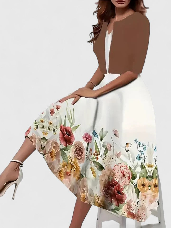 Belle | Women's Floral Midi Dress with Cropped Jacket Two-Piece Set