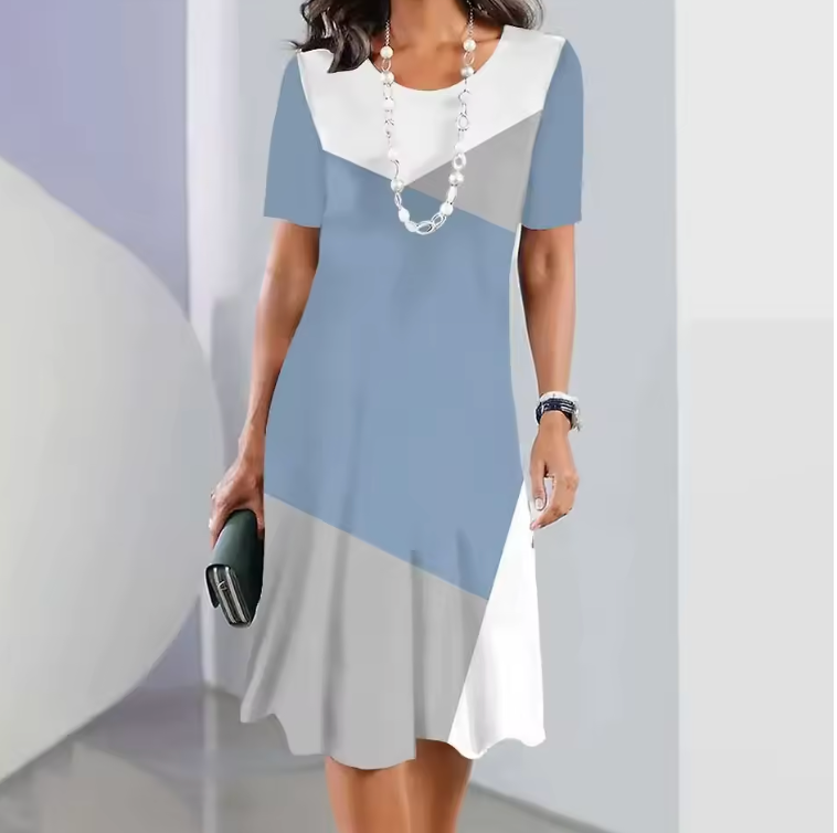 Dalia | Women's Colour Block Print Midi Dress Short Sleeve Round Neck Dress