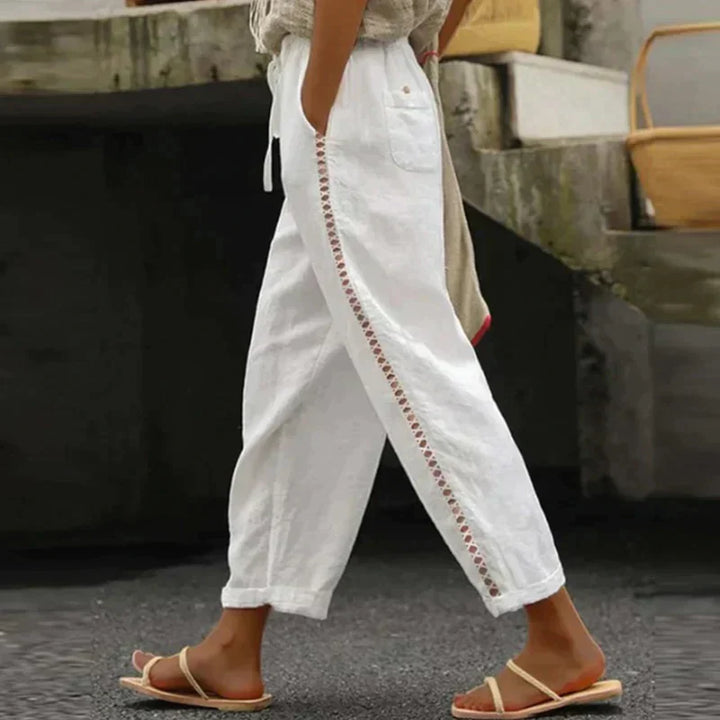 Demi | Women's Wide Leg Linen Trousers with Drawstring Waist