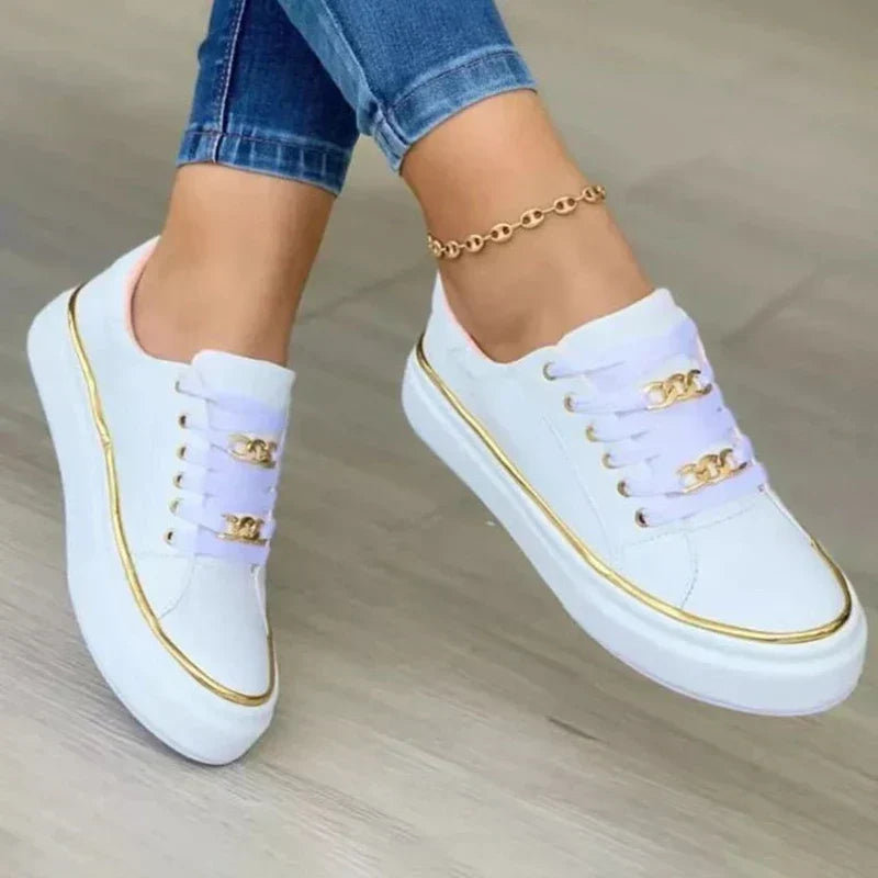 Cleo | Women's Flat Platform Sneakers Gold Chain Detail
