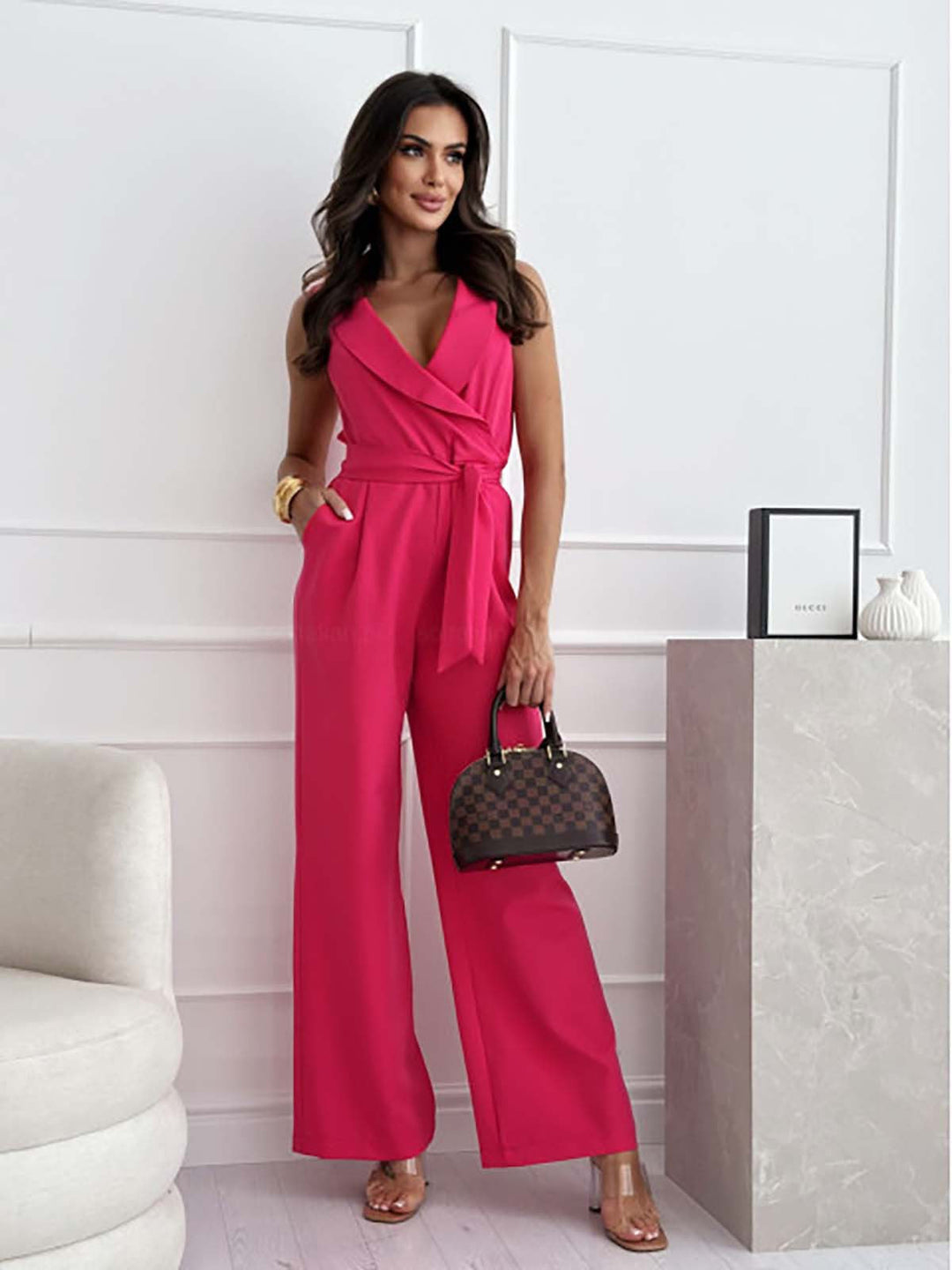 Giuliana | Women's Sleeveless Wide-Leg Jumpsuit V-Neck Belted Formal Playsuit