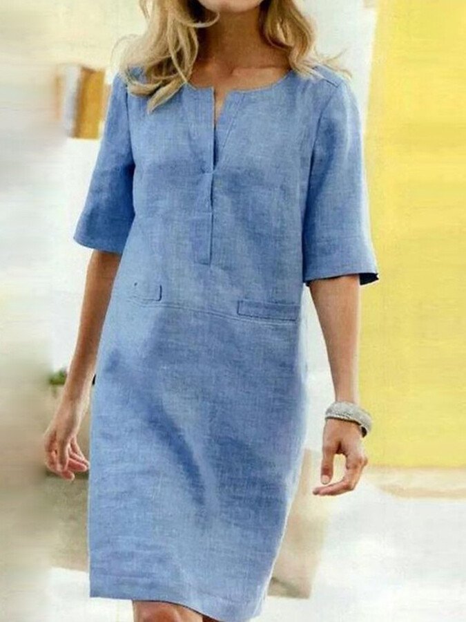 Anaïs | Women's Linen Blend Shift Dress 3/4 Sleeve V-Neck Casual Midi Dress