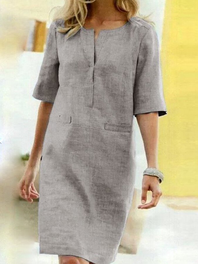 Anaïs | Women's Linen Blend Shift Dress 3/4 Sleeve V-Neck Casual Midi Dress