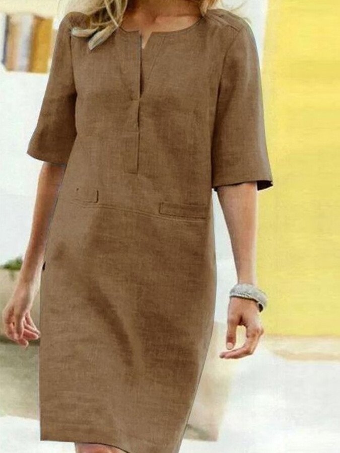 Anaïs | Women's Linen Blend Shift Dress 3/4 Sleeve V-Neck Casual Midi Dress