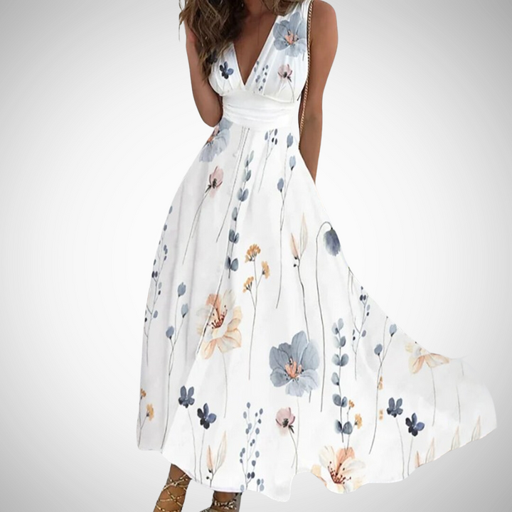 Iris | Women's Floral V-Neck Sleeveless Fit and Flare Maxi Dress