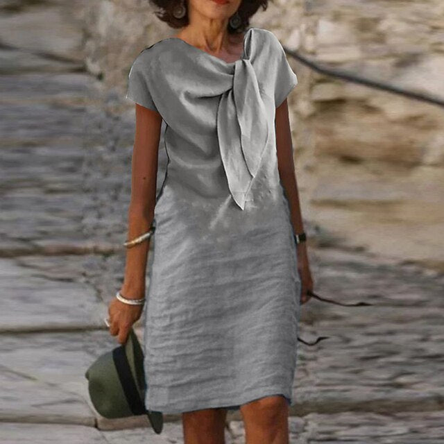 Nina | Women's Linen Blend Midi Dress with Draped Neckline Detail