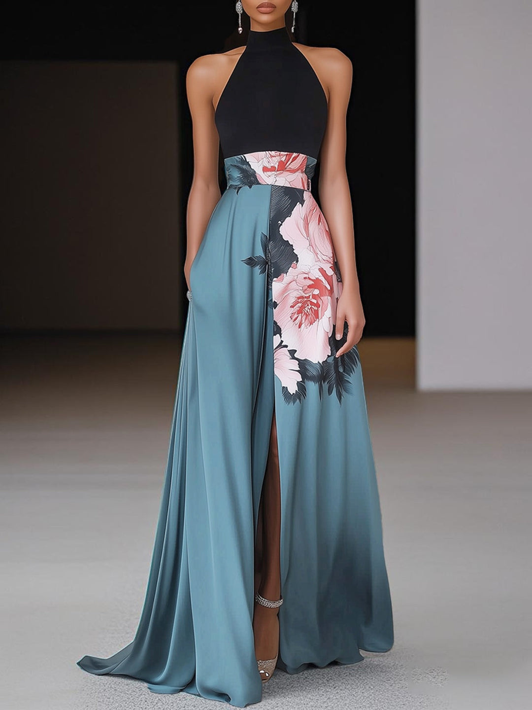 Janelle™ | Black Slit Floral Classic Crew Neck Sleeveless Dress