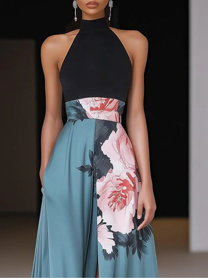 Janelle™ | Black Slit Floral Classic Crew Neck Sleeveless Dress