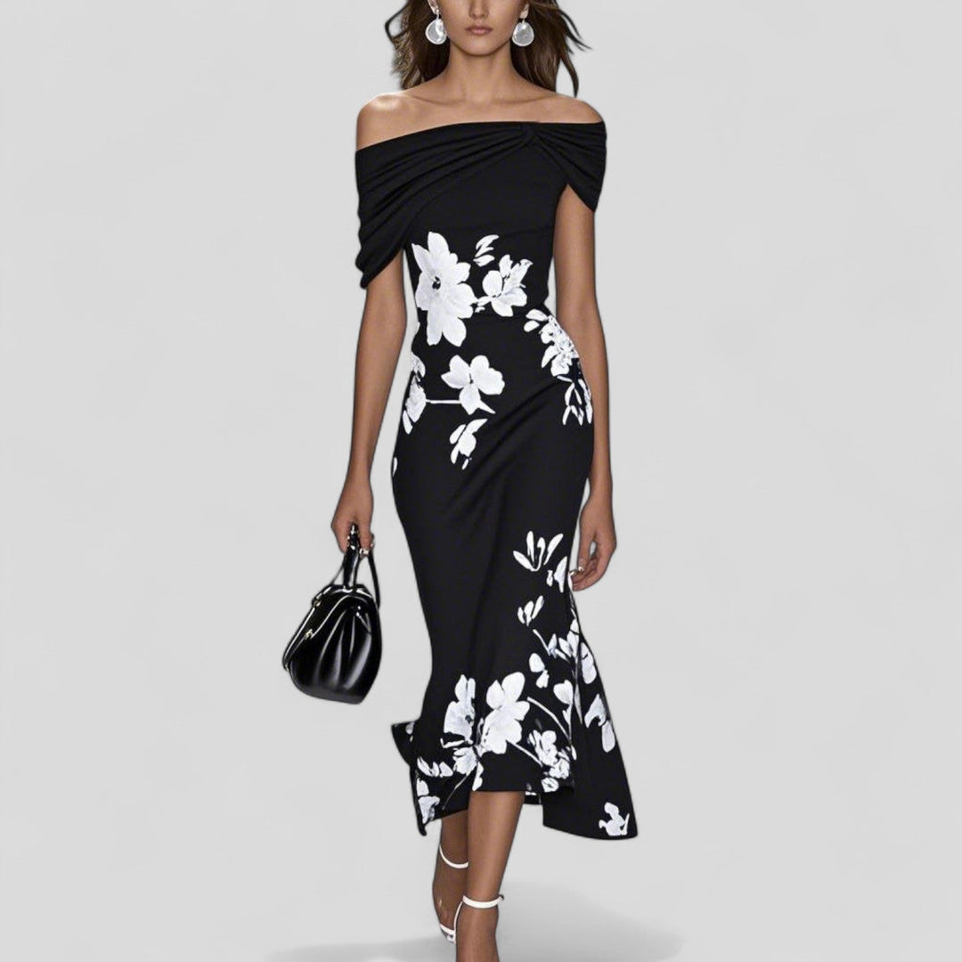 Nova | Women's Off-Shoulder Floral Midi Dress Ruffle Hem