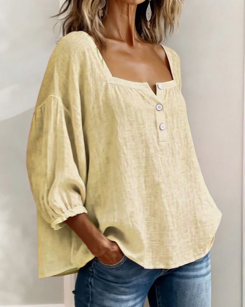 Daisy | Women's Square Neck Puff Sleeve Linen Blouse 3/4 Sleeve
