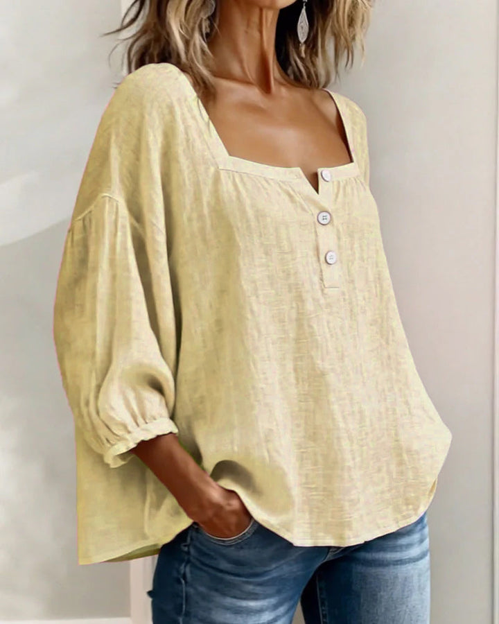 Daisy | Women's Square Neck Puff Sleeve Linen Blouse 3/4 Sleeve