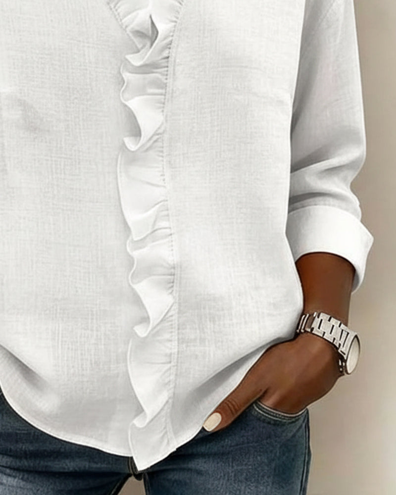 Elise | Women's Ruffle V-Neck Long Sleeve Button Up Blouse