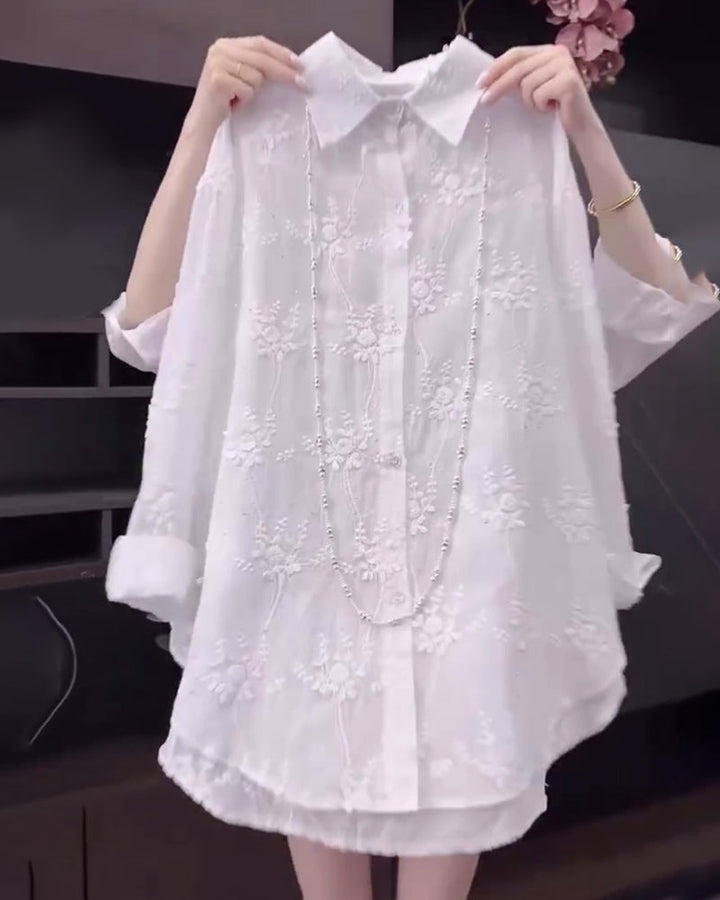 Embroidered Solid Color Shirt with Dropped Shoulders