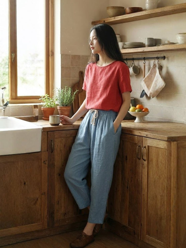 River | Women's Linen Drawstring Pants Relaxed Tapered Fit