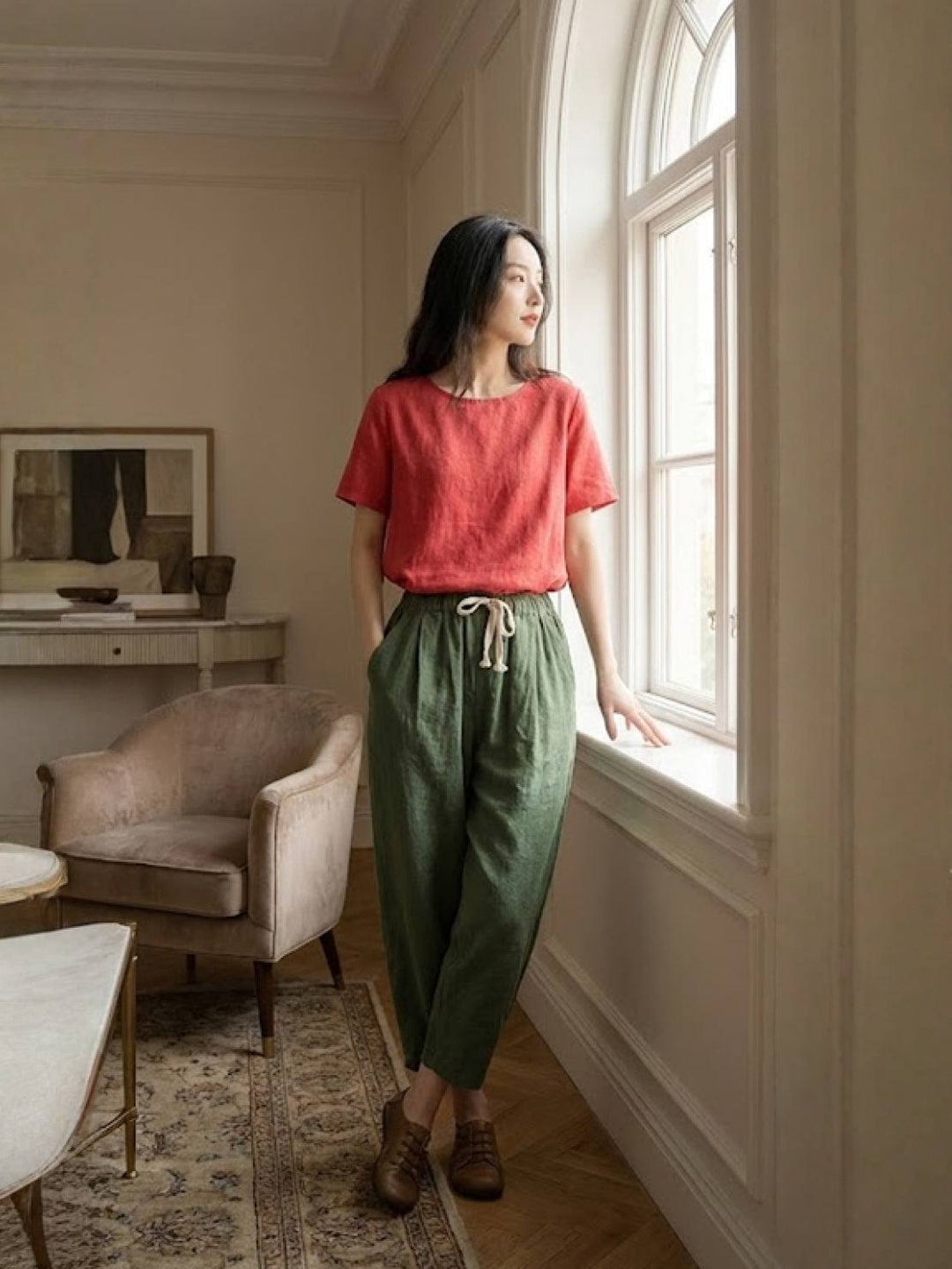 River | Women's Linen Drawstring Pants Relaxed Tapered Fit