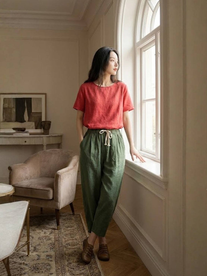River | Women's Linen Drawstring Pants Relaxed Tapered Fit