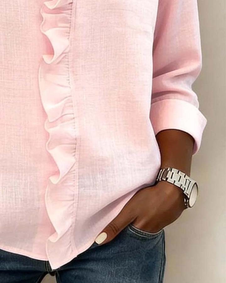 Elise | Women's Ruffle V-Neck Long Sleeve Button Up Blouse