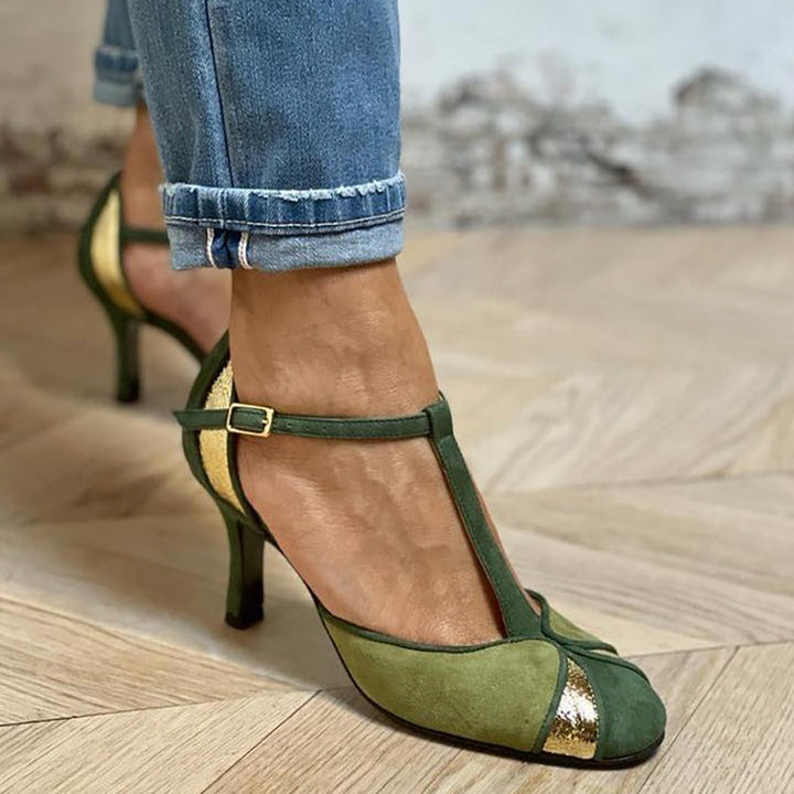 Taviana™ | Patchwork Heels with T-Strap and Closed Toe