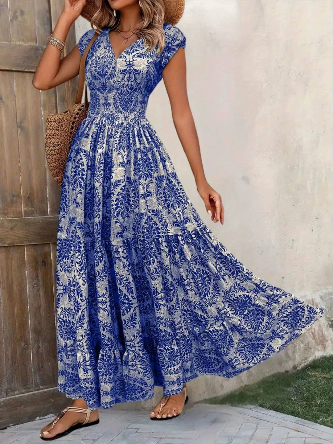 Lena | Women's Boho Smocked Waist V-Neck Tiered Maxi Dress