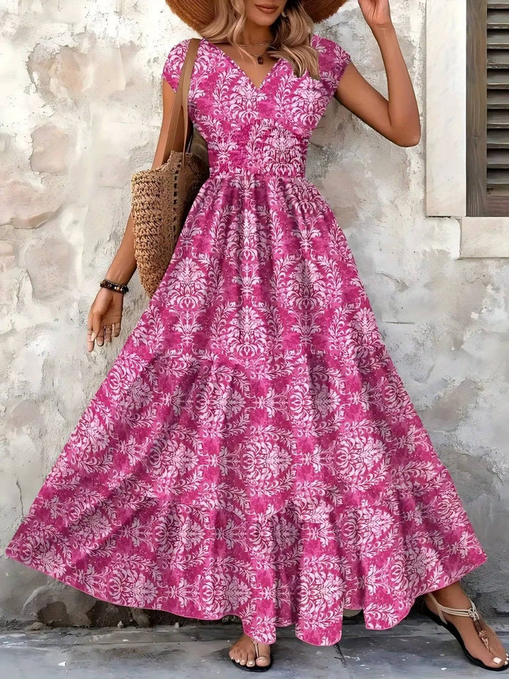 Lena | Women's Boho Smocked Waist V-Neck Tiered Maxi Dress