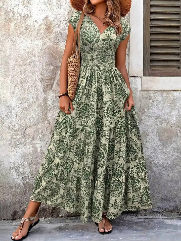 Lena | Women's Boho Smocked Waist V-Neck Tiered Maxi Dress