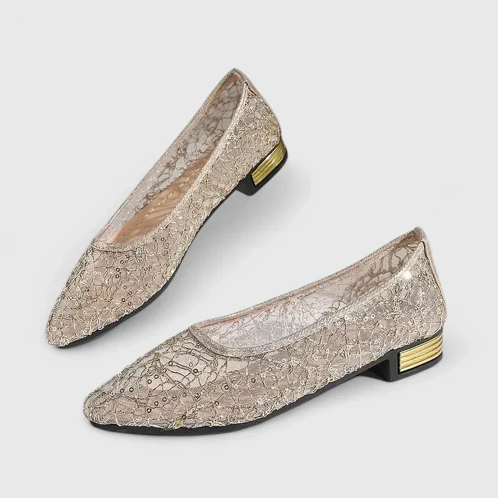 Celeste | Women's Lace Pointed Toe Flats Gold Heel Detail
