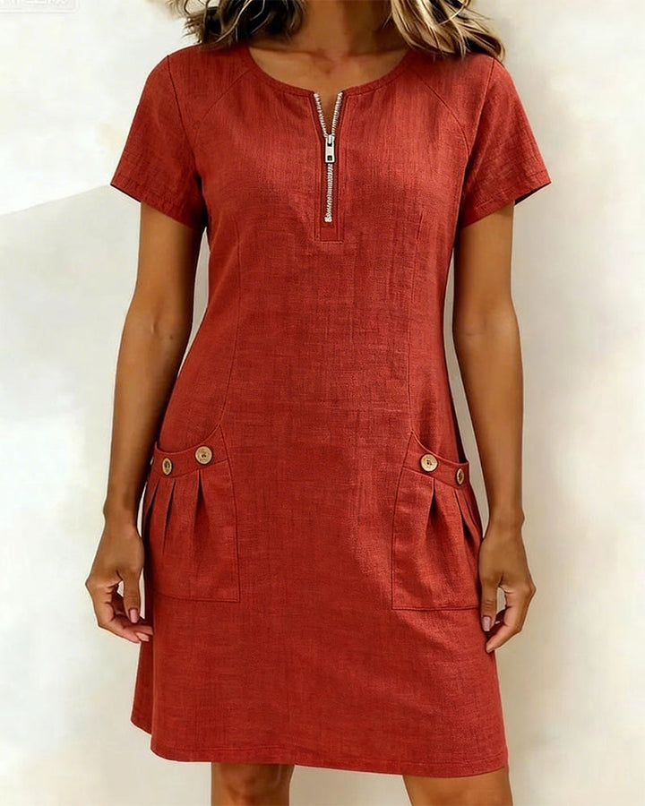 Pippa | Women's Linen Short Sleeve Zip Neck A-Line Mini Dress