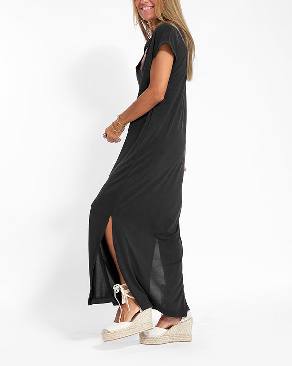 Vera | Women's V-Neck Short Sleeve Maxi Dress Side Slit Loose