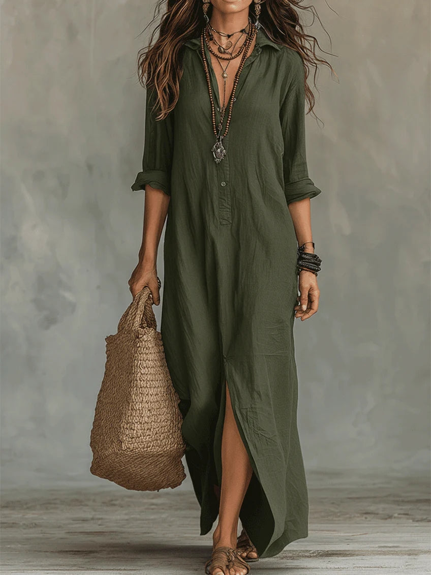 Evangelyn | Women's Button Down V-Neck Maxi Dress