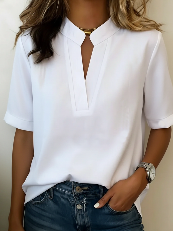 Nina | Women's V-Neck Short Sleeve Chiffon Blouse Gold Detail