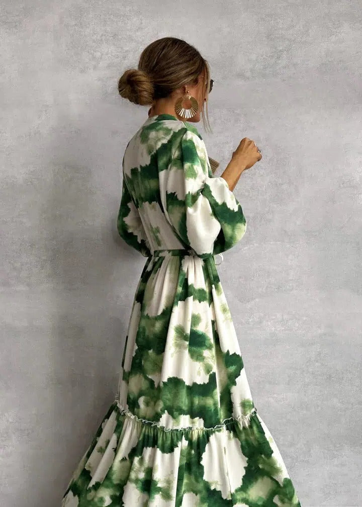 Sage | Women's Printed V-Neck Long Sleeve Tiered Maxi Dress