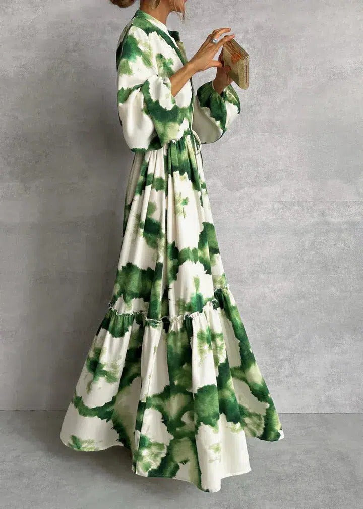 Sage | Women's Printed V-Neck Long Sleeve Tiered Maxi Dress