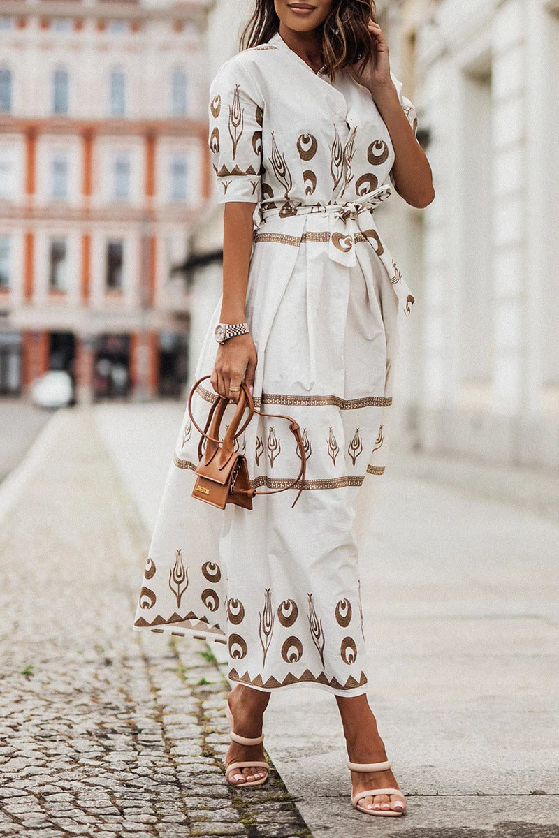 Ines | Women's Embroidered Short Sleeve Belted Midi Dress