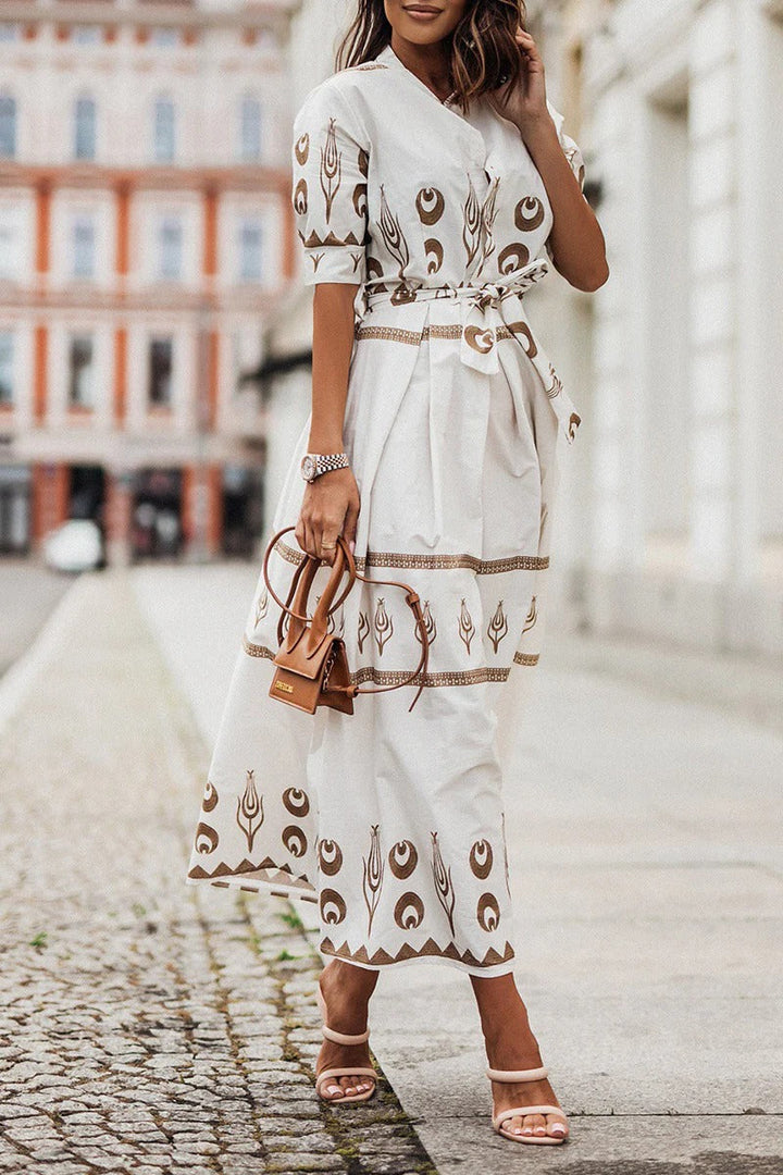 Ines | Women's Embroidered Short Sleeve Belted Midi Dress