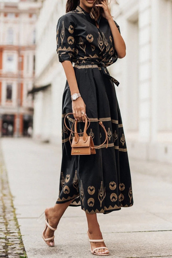 Ines | Women's Embroidered Short Sleeve Belted Midi Dress